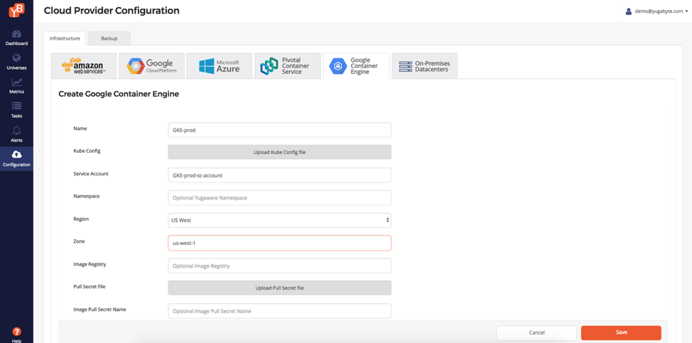 Cloud provider configuration screen - YugabyteDB