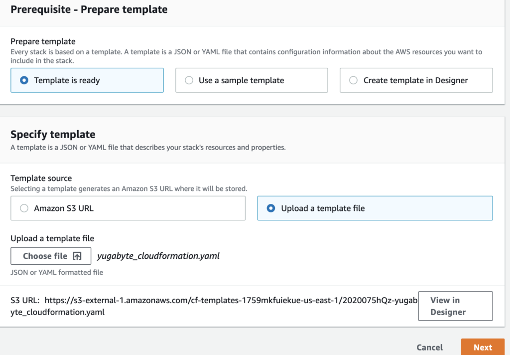 YugabyteDB and AWS CloudFormations distributed sql how to template upload step 4