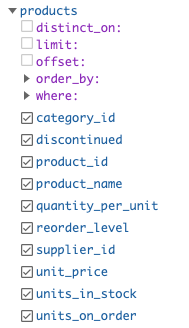 hasura query example products table 