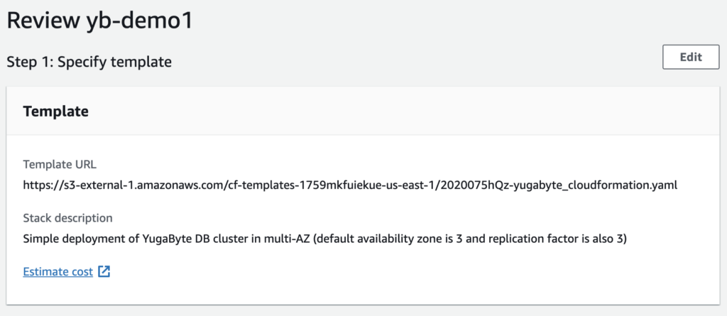 view step 7 of YugabyteDB using AWS CloudFormations How To, review setup options