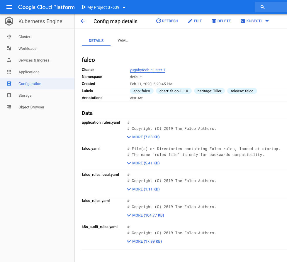 Falco ConfigMap in GKE, yugabytedb falco tutorial