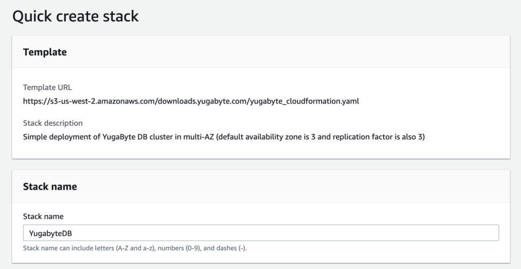 easy access to the configuration options on a single page yugabytedb cloudformations aws