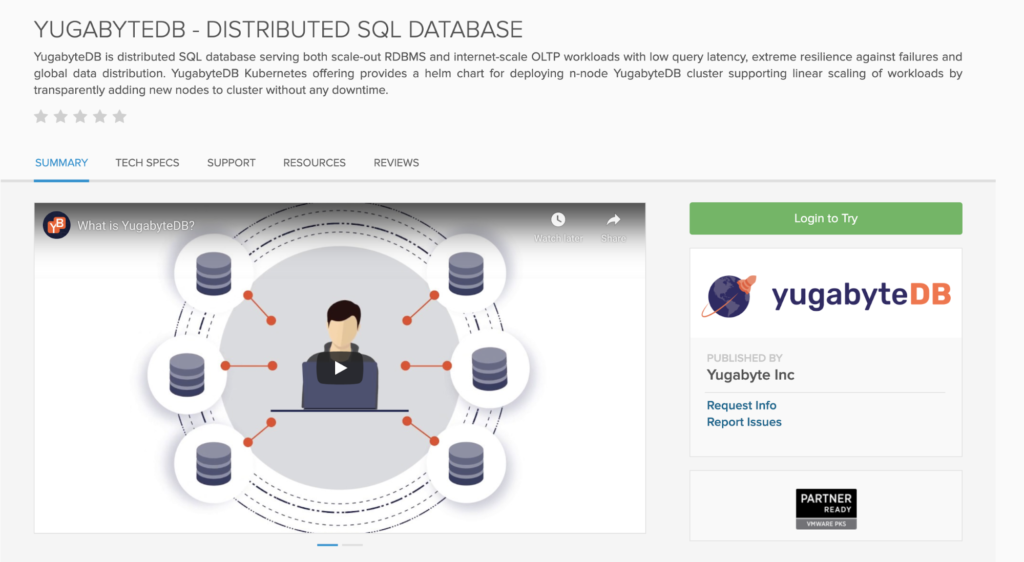 YugabyteDB distributed sql database in Tanzu Marketplace