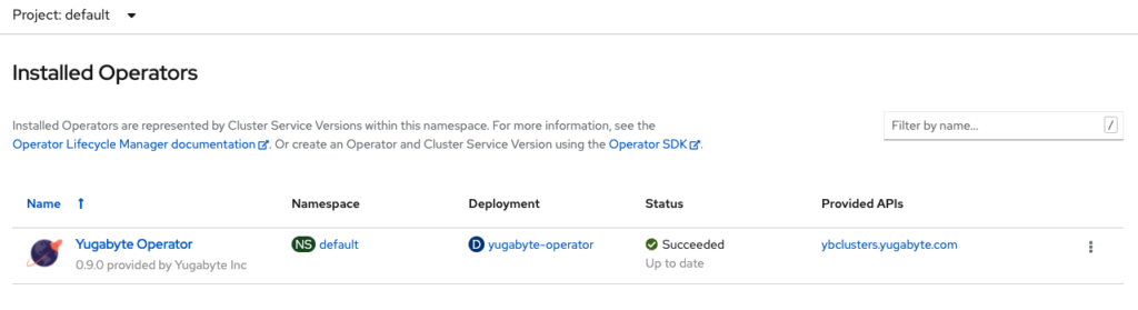 verify the YugabyteDB Operator by navigating to the Installed Operators page