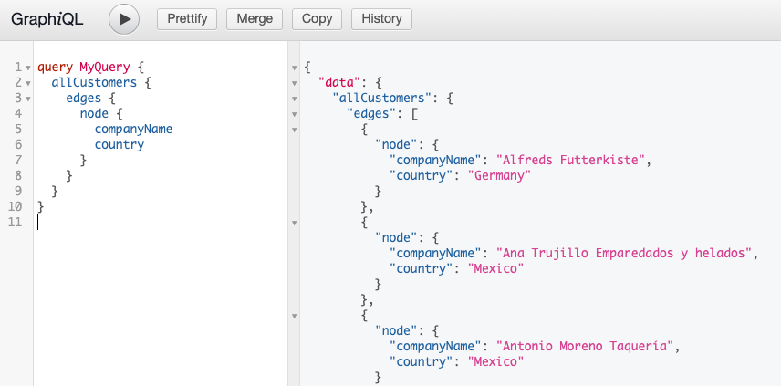 IDE build and retrieve a list of all the Northwind customer names and the country in which they are located YugabyteDB GraphQL distributed SQL how to