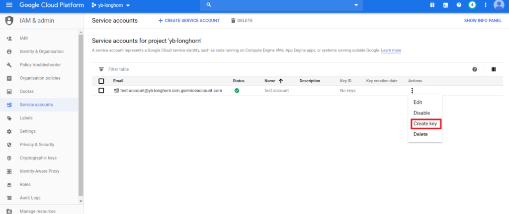 add the private key from the GCP service account distributed sql yugabytedb longhorn tutorial