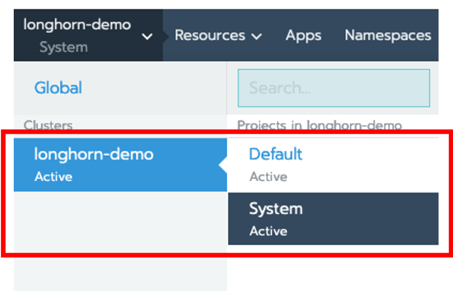 Click on the cluster, in case longhorn-demo, and then select System