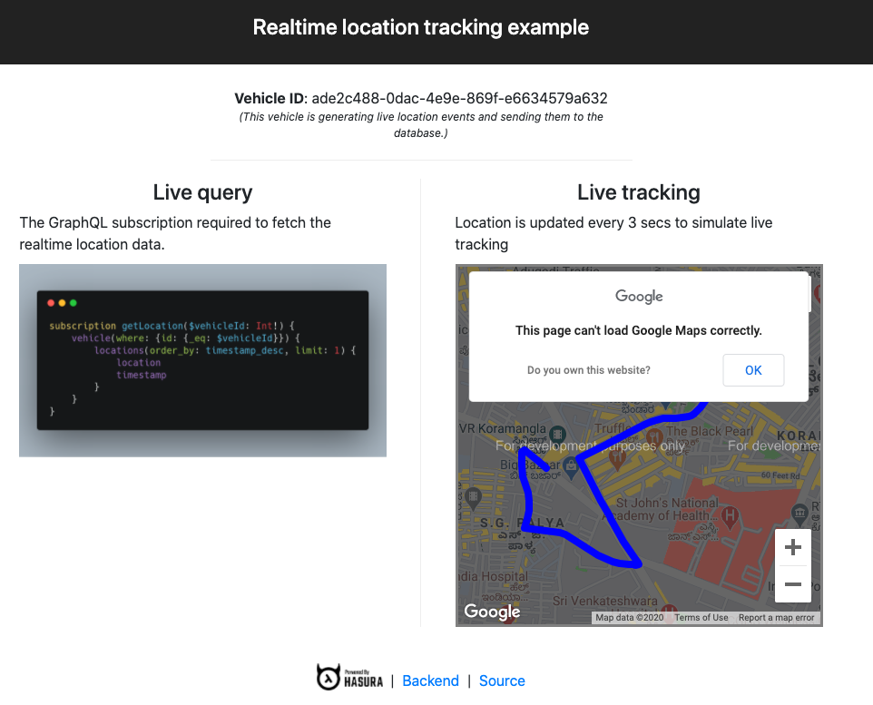 realtime location tracking app hasura graphql and yugabytedb distributedsql tutorial screenshot