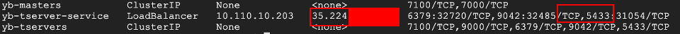 Note the external IP, to establish a connection between YugabyteDB and Flyway