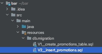 Insert promotions SQL script, flyway maven yugabyte db example