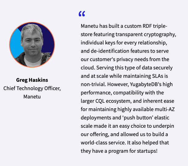YugabyteDB’s high performance, compatibility with the larger CQL ecosystem, and inherent ease for maintaining highly available multi-AZ deployments and push button elastic scale made it an ease choice to underpin our offering, and allowed us to build a world-class service.