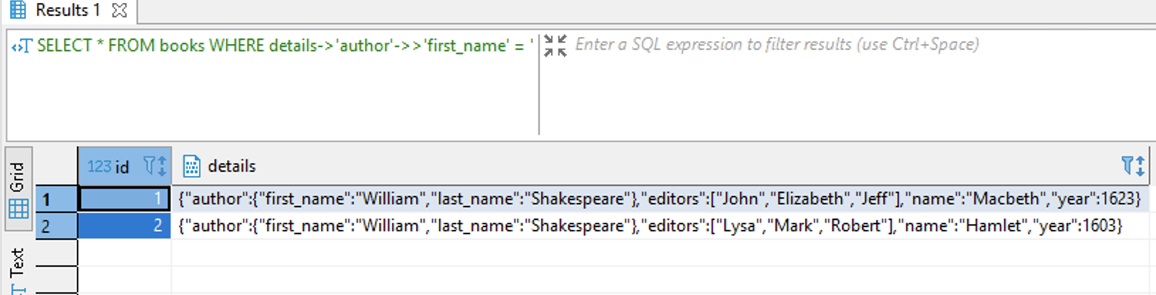 Test Shakespeare Sample JSONB Dataset