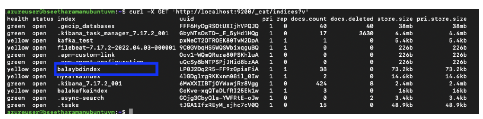 Checking to see if the Index is created in the Elasticsearch server.