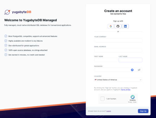 Create an account YugabyteDB Managed