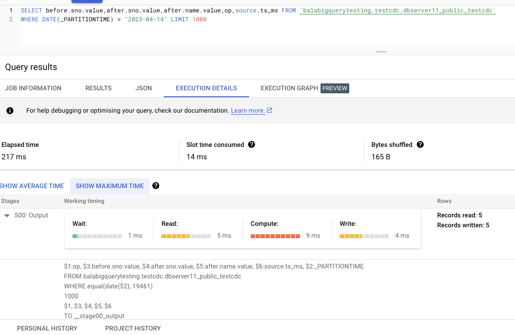 Execution Details for a sample Big Query table