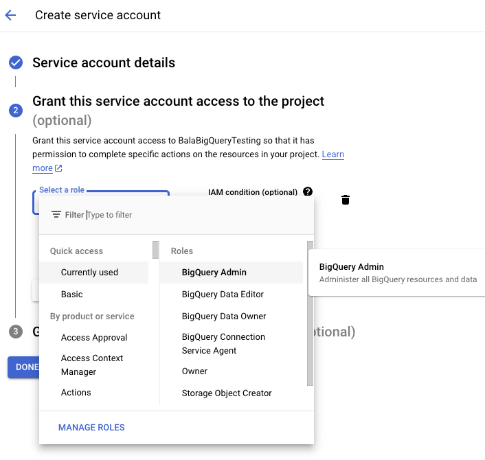 Google Cloud - Service Account for Google BigQuery