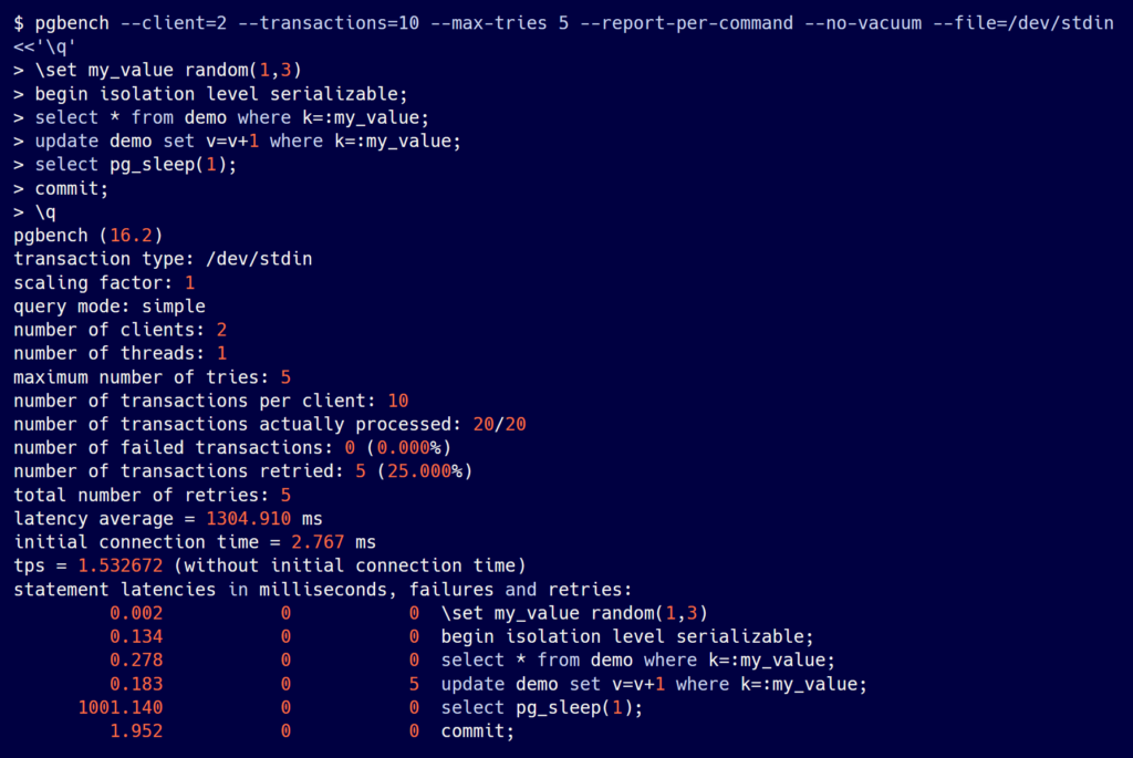 screen showing pgbench output DML latencies