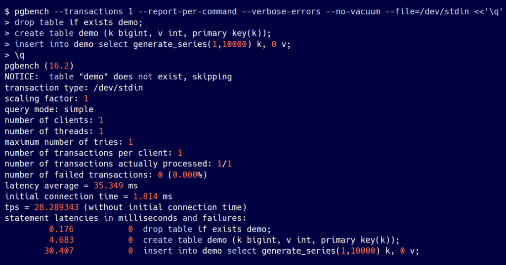 screen showing pgbench output latencies of DDL