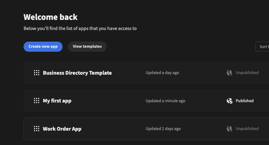 Budibase Home Screen