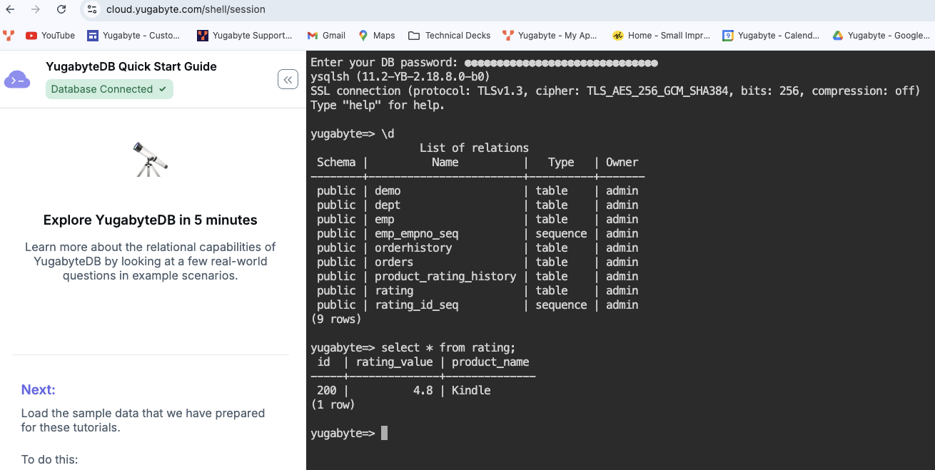 YugabyteDB Aeon - Cloud Shell (to display the objects)