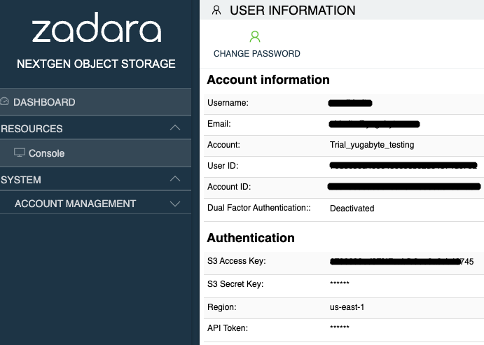Zadara User Info Screen