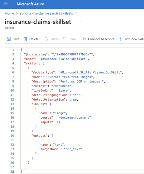 Azure Portal Add Skillsets