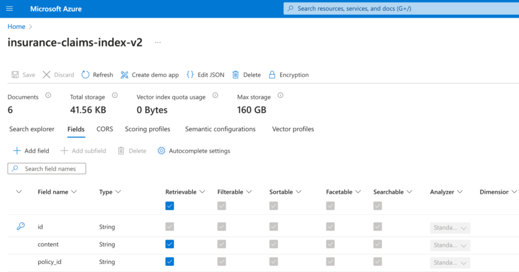 Azure Portal Create an Index