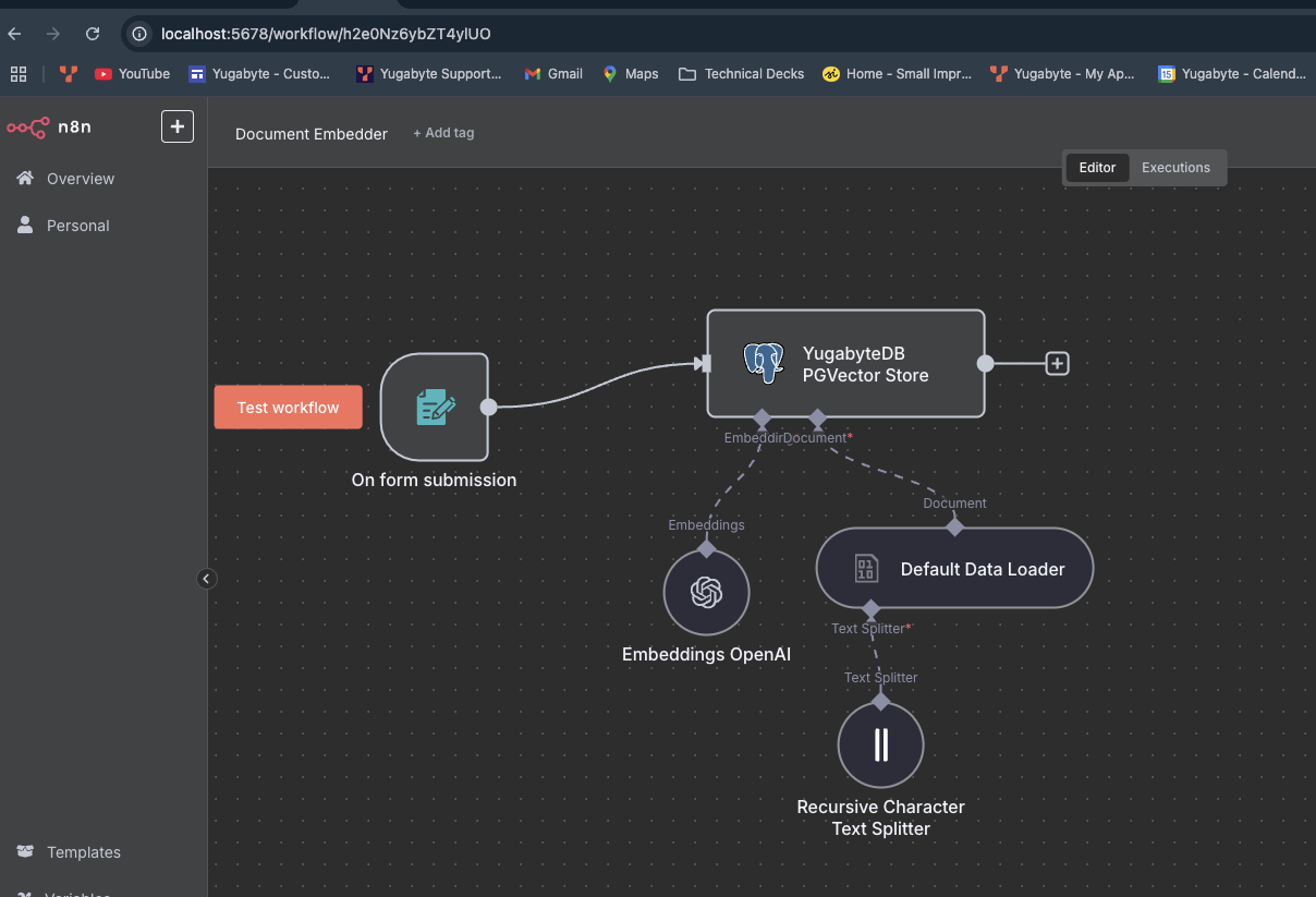 Demo of n8n AI Workflow with Document Embedder with YugabyteDB Demo of n8n AI Workflow with Document Embedder with YugabyteDB