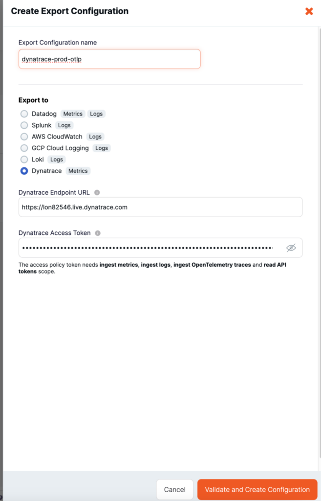 Dynatrace Export - configuration (Capture Dynatrace token and Endpoint)
