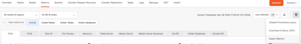 Metrics → Settings → Export Metrics 
