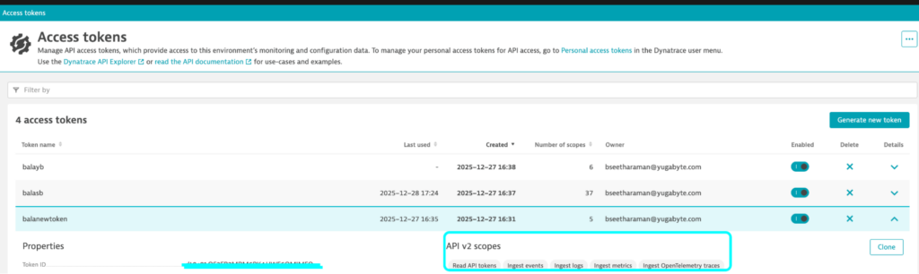 Dynatrace - access token list